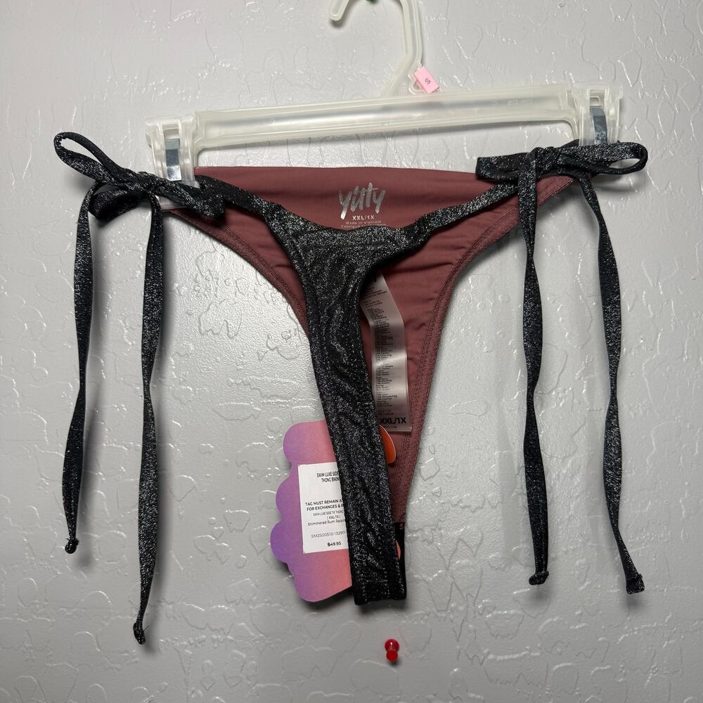 Yitty Swim Luxe Side Tie Thong Bikini, Shimmered Rum Raisin/Silver, XXL/1X